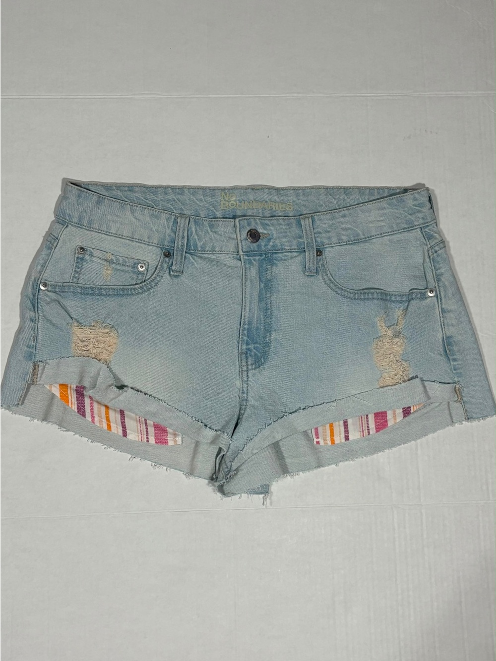 No Boundaries Light Wash Denim Shorts with Striped Pocket Accents